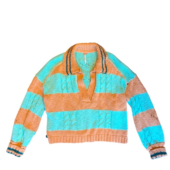 Free People Pembrook Sweater Stripe Cable Knit Mint Tan V Neck Collar Size: XS - Picture 3 of 7